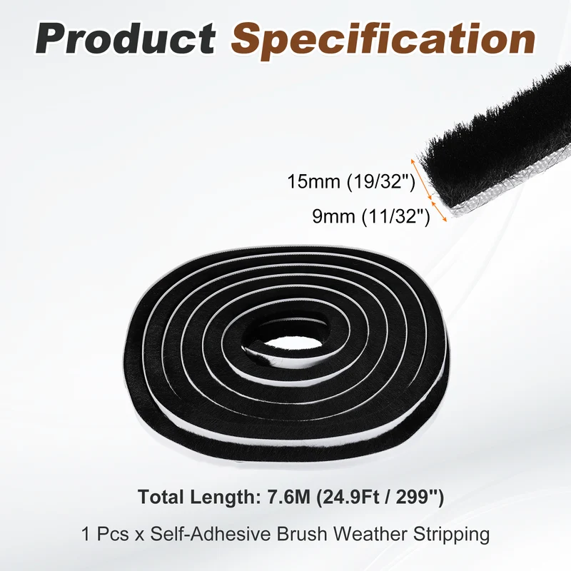 Brush Weather Stripping 11/32"x19/32"x24.9Ft Self-Adhesive Seal Strip Black