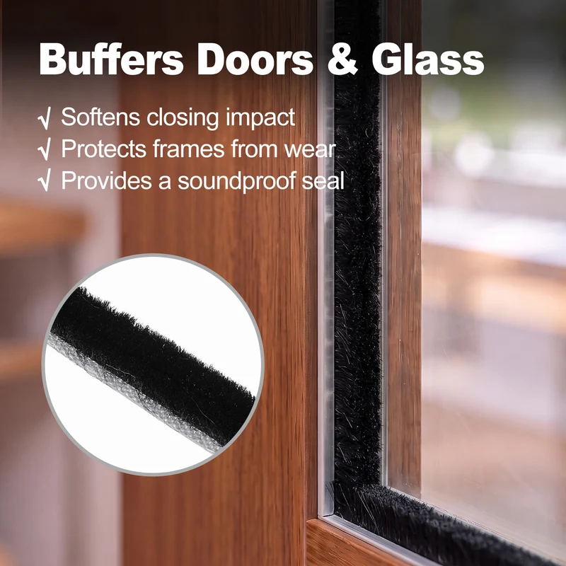 2Pcs Brush Weather Stripping 11/32"x11/32"x24.9Ft Self-Adhesive Seal Strip Black