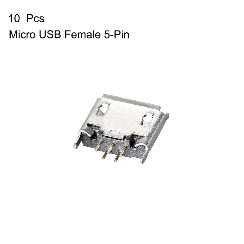 10PCS Micro USB Female Socket Connector Jack Port, 5-Pin 180 Degree, Replacement Adapter