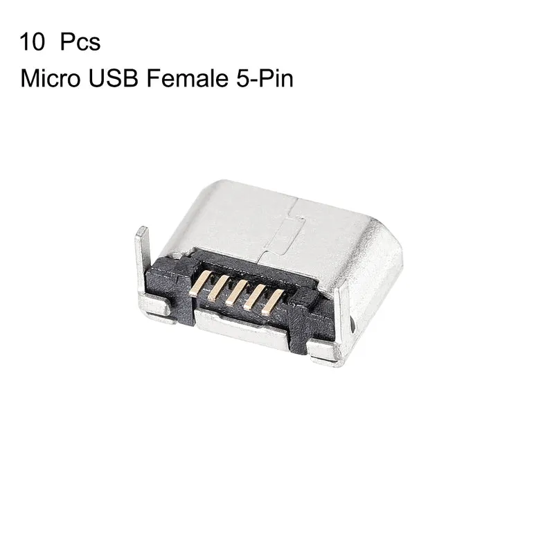 10 PCS Micro USB Female Socket Connector Jack, 5-Pin DIP 180 Degree, Repair Replacement Adapter