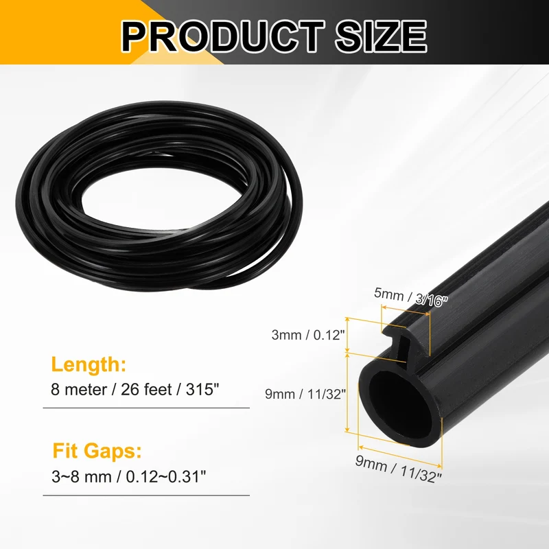 Kerf Weather Stripping Seal Strip Silicone 11/32"Wide Bulb 3/16"Slot 26Ft Black