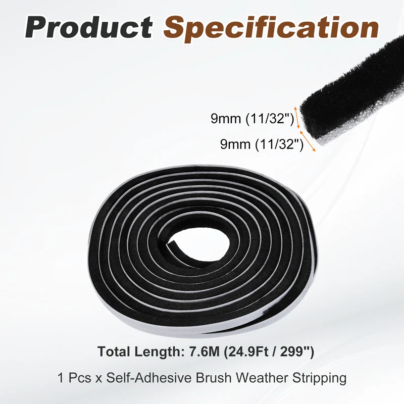 Brush Weather Stripping 11/32"x11/32"x24.9Ft Self-Adhesive Seal Strip Black