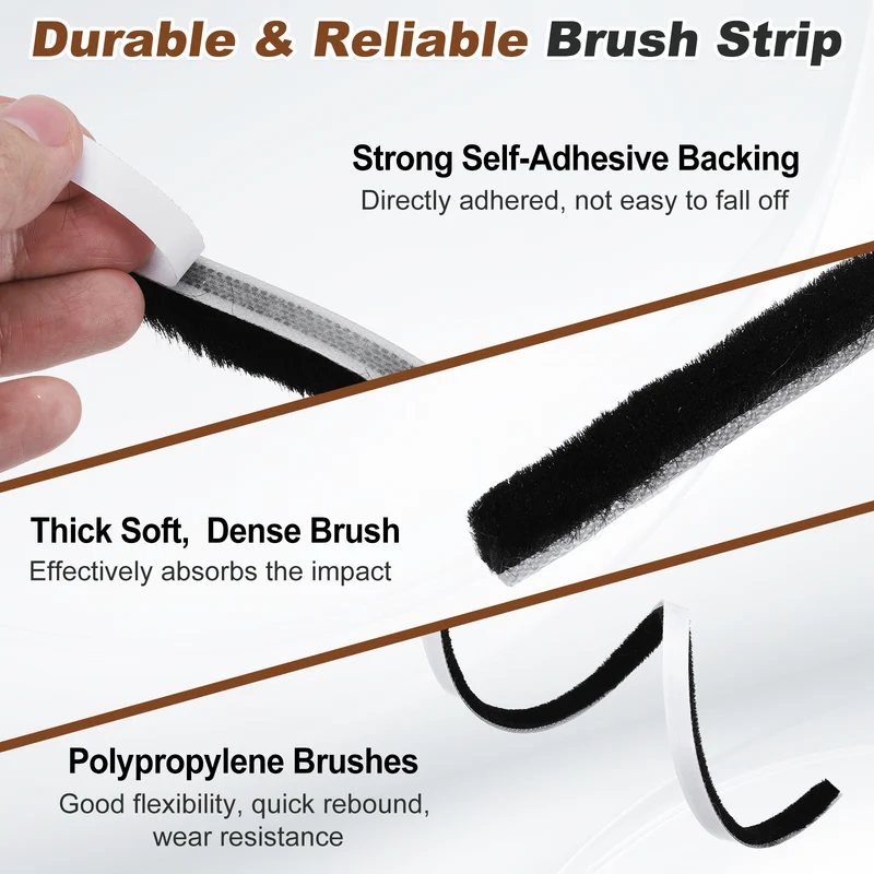 Brush Weather Stripping 11/32"x11/32"x24.9Ft Self-Adhesive Seal Strip Black