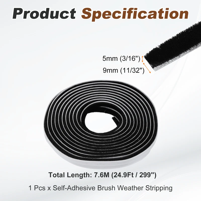 Brush Weather Stripping 11/32"x3/16"x24.9Ft Self-Adhesive Seal Strip Black
