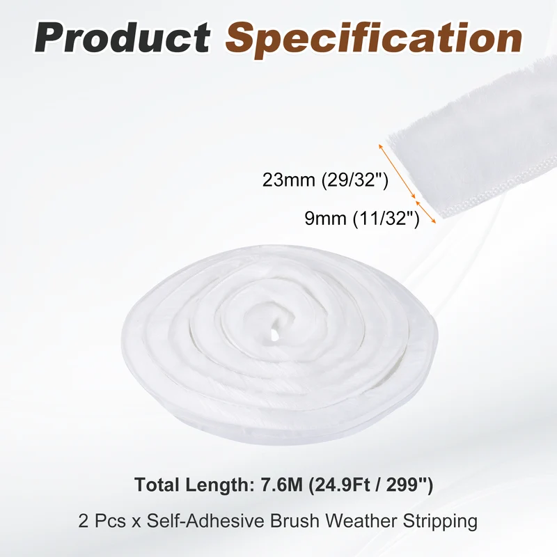 2Pcs Brush Weather Stripping 11/32"x29/32"x24.9Ft Self-Adhesive Seal Strip White