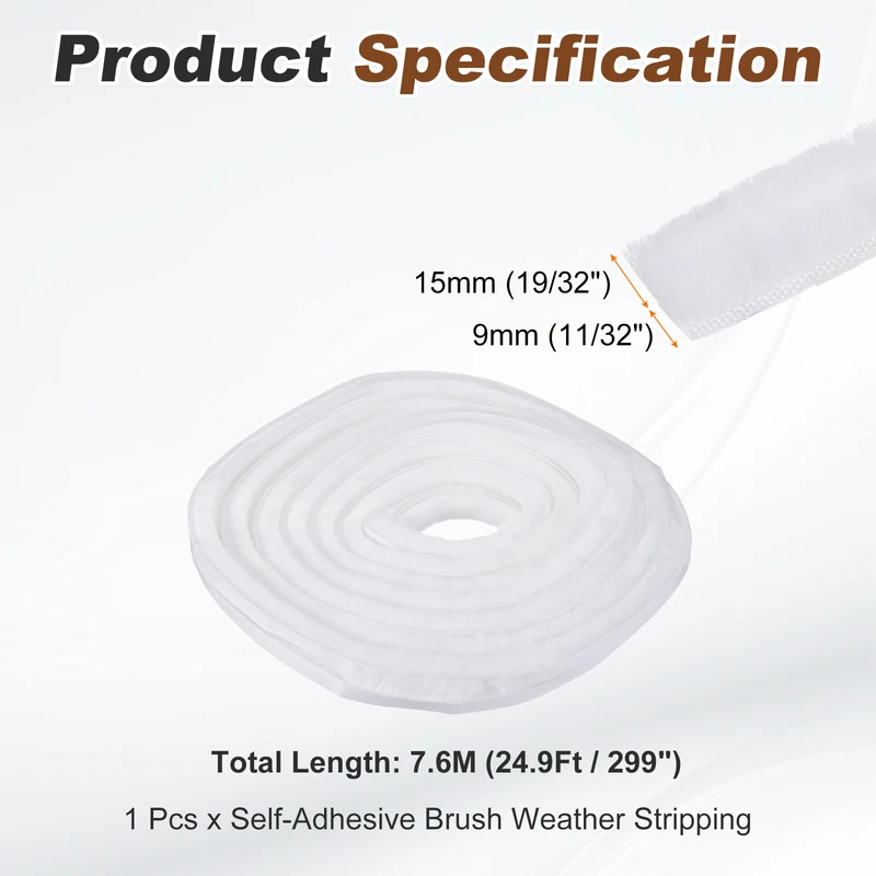 Brush Weather Stripping 11/32"x19/32"x24.9Ft Self-Adhesive Seal Strip White