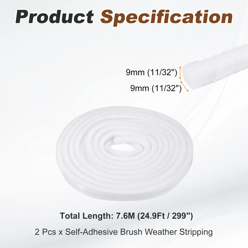 2Pcs Brush Weather Stripping 11/32"x11/32"x24.9Ft Self-Adhesive Seal Strip White