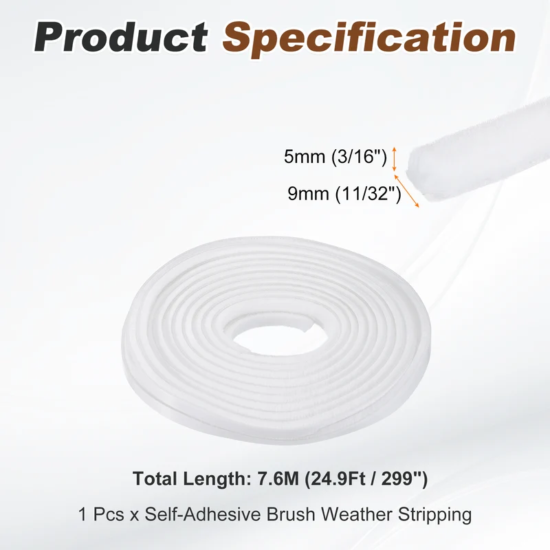 Brush Weather Stripping 11/32"x3/16"x24.9Ft Self-Adhesive Seal Strip White