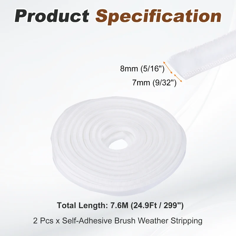 2Pcs Brush Weather Stripping 9/32"x5/16"x24.9Ft Self-Adhesive Seal Strip White