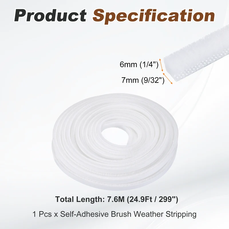 Brush Weather Stripping 9/32"x1/4"x24.9Ft Self-Adhesive Seal Strip White
