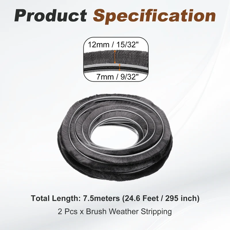 2Pcs Brush Weather Stripping 9/32" x 15/32" x 24.6ft Card-Slot Seal Strip Gray