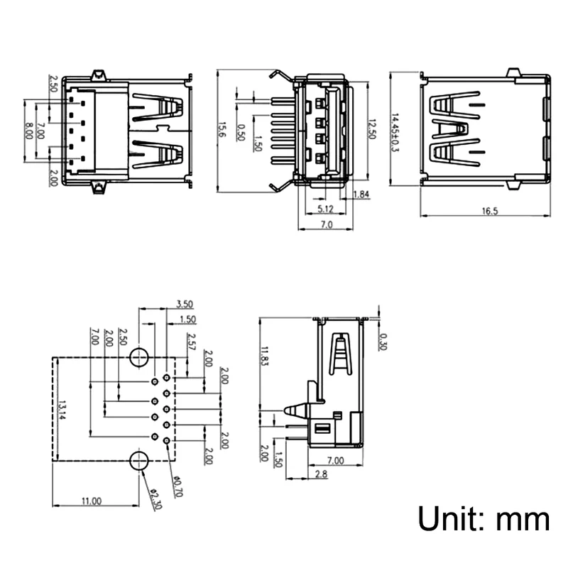 PCB USB Connector Type-A 3.0 Female Jack 9 Pin Bend Foot 90 Degree 5pcs