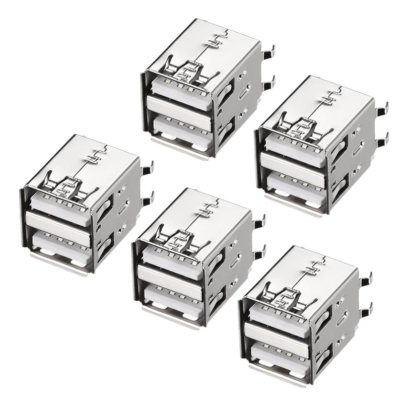 PCB USB Connector Type-A Dual Port Female Jack Vertical Four Bend Foot 5pcs