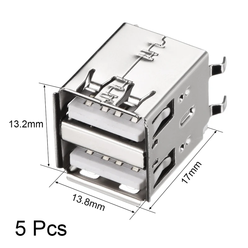 PCB USB Connector Type-A Dual Port Female Jack Vertical Four Bend Foot 5pcs