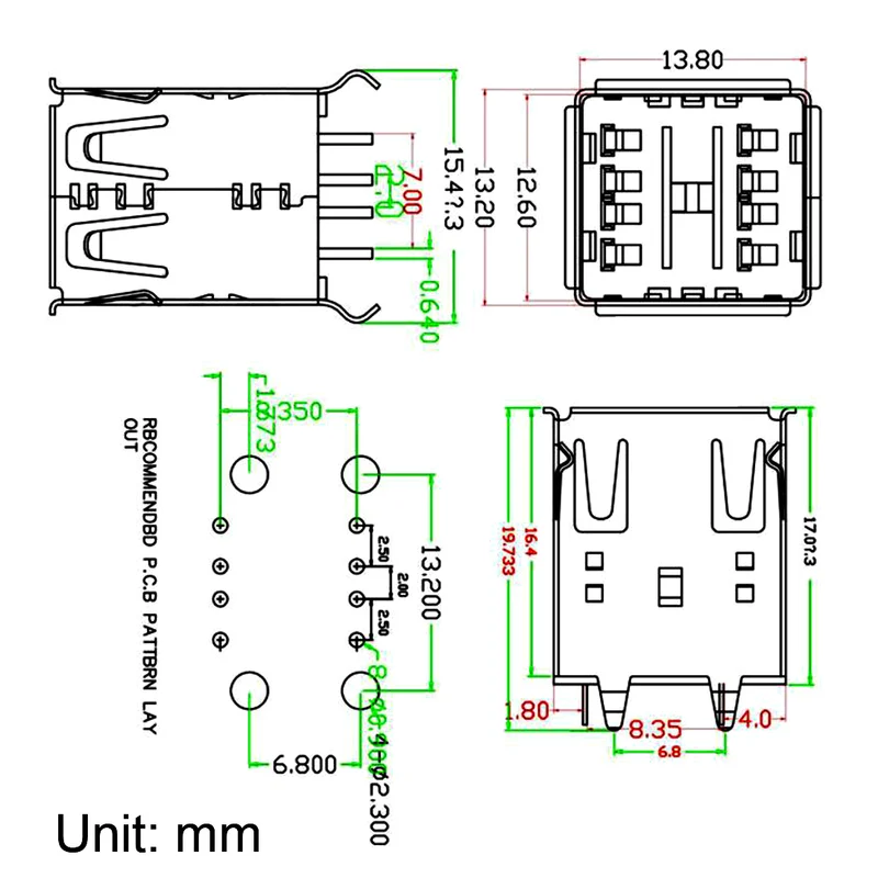 PCB USB Connector Type-A Dual Port Female Jack Vertical Four Bend Foot 5pcs