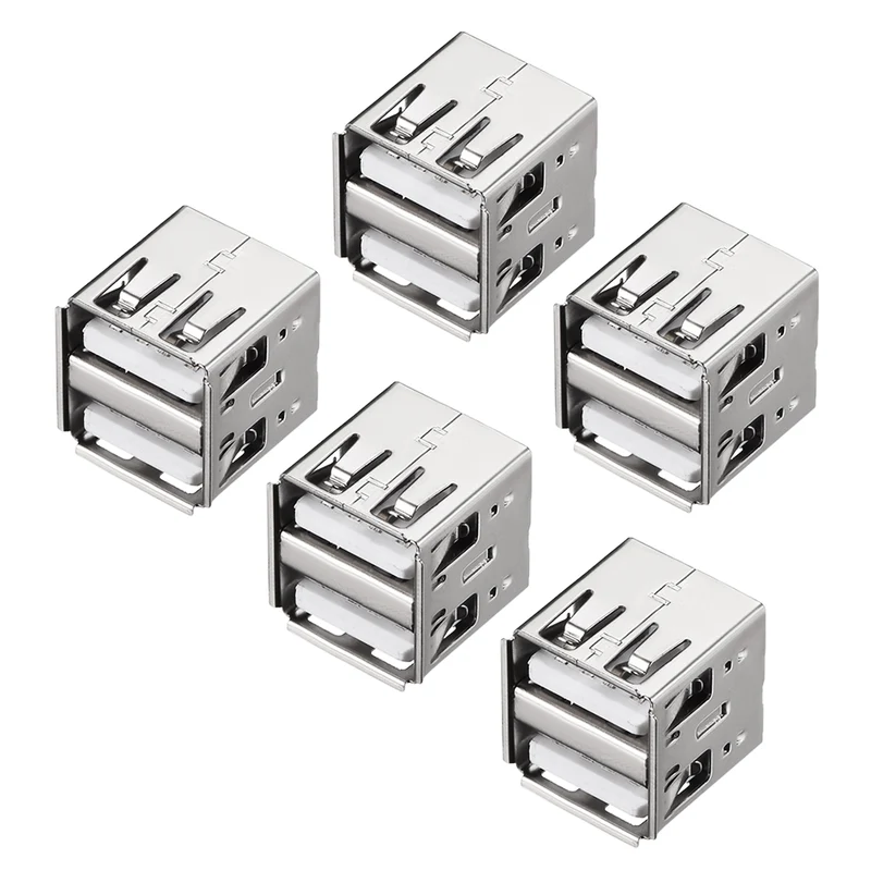 PCB USB Connector Type-A Dual Port Female Jack 8P Vertical 180 Degree 5Pcs