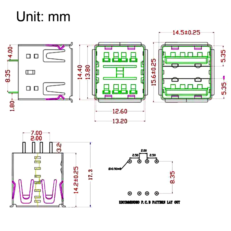 PCB USB Connector Type-A Dual Port Female Jack 8P Vertical 180 Degree 5Pcs