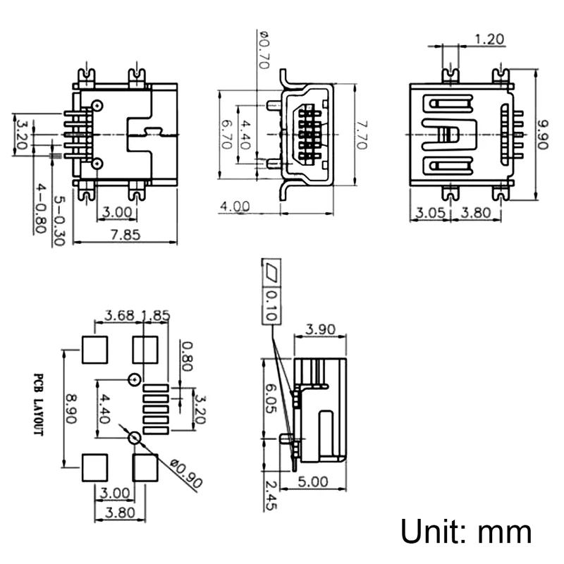 Mini USB PCB Connector Type-B 5P Female SMT Surface Mounted Short Body 10Pcs