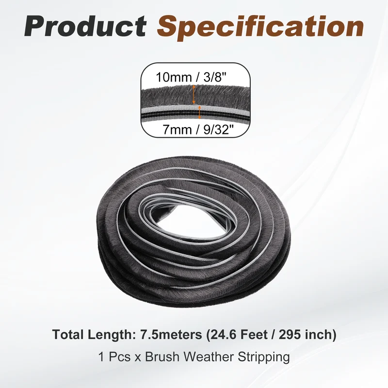 Brush Weather Stripping 9/32" x 3/8" x 24.6ft Card-Slot Seal Strip Gray