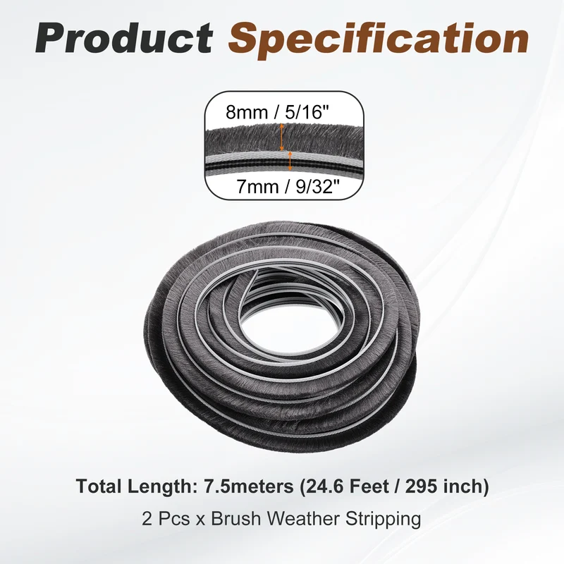 2Pcs Brush Weather Stripping 9/32" x 5/16" x 24.6ft Card-Slot Seal Strip Gray