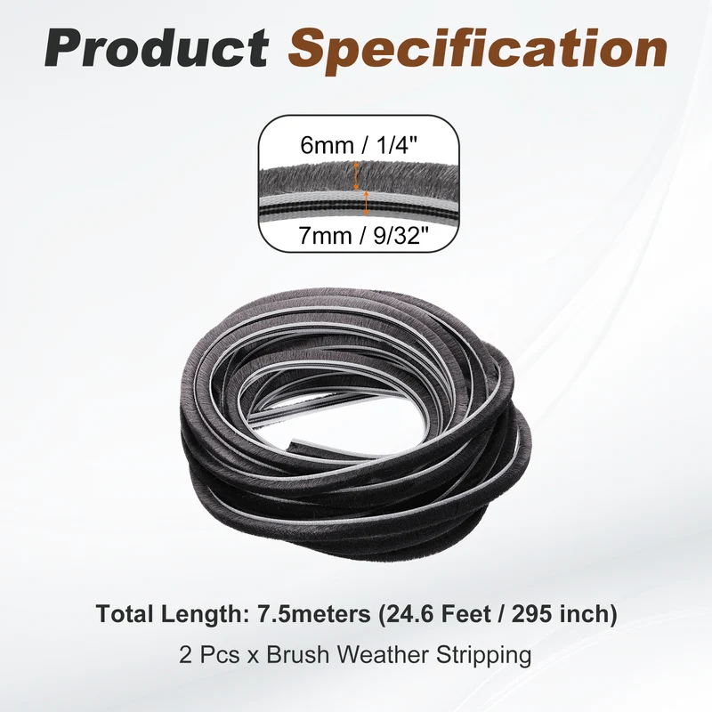 2Pcs Brush Weather Stripping 9/32" x 1/4" x 24.6ft Card-Slot Seal Strip Gray