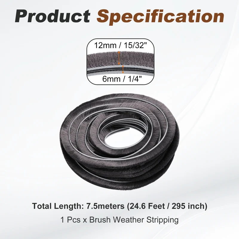 Brush Weather Stripping 1/4" x 15/32" x 24.6ft Card-Slot Seal Strip Gray