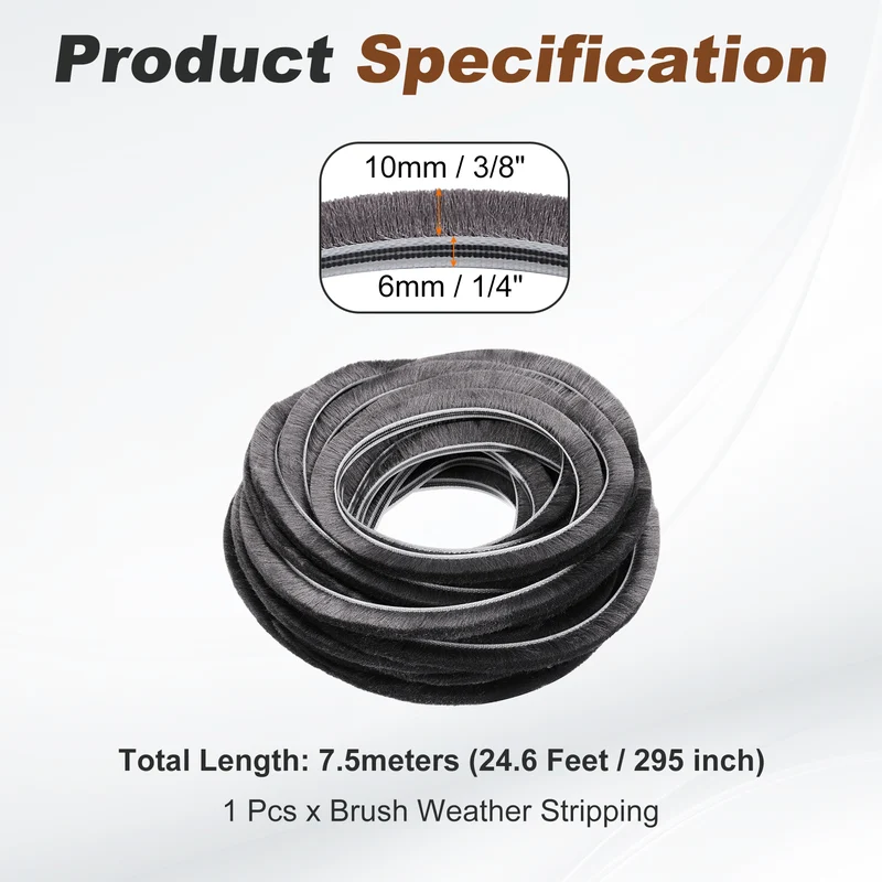Brush Weather Stripping 1/4" x 3/8" x 24.6ft Card-Slot Seal Strip Gray