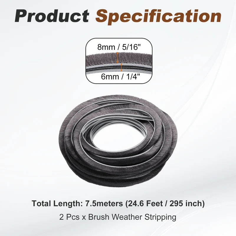 2Pcs Brush Weather Stripping 1/4" x 5/16" x 24.6ft Card-Slot Seal Strip Gray