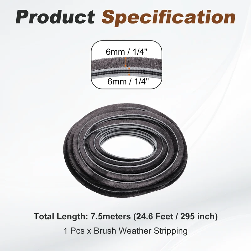 Brush Weather Stripping 1/4" x 1/4" x 24.6ft Card-Slot Seal Strip Gray