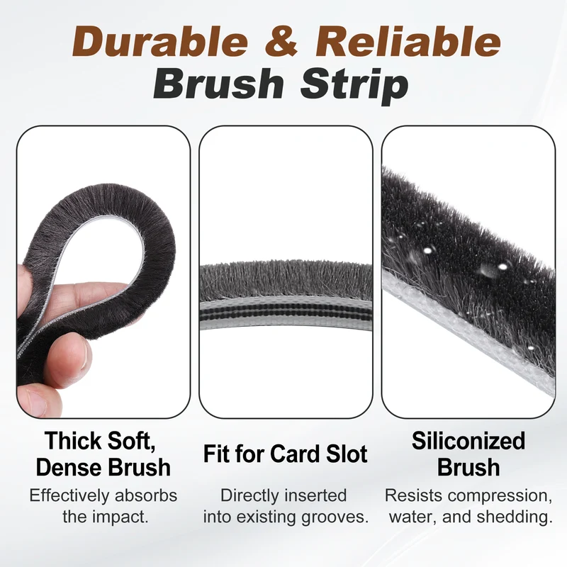 Brush Weather Stripping 1/4" x 1/4" x 24.6ft Card-Slot Seal Strip Gray