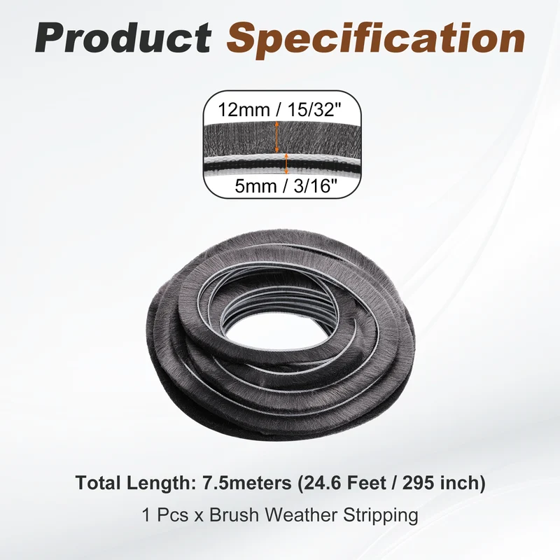 Brush Weather Stripping 3/16" x 15/32" x 24.6ft Card-Slot Seal Strip Gray