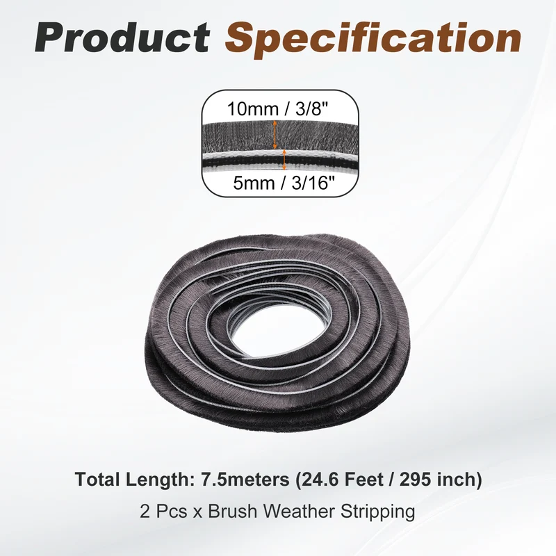 2Pcs Brush Weather Stripping 3/16" x 3/8" x 24.6ft Card-Slot Seal Strip Gray