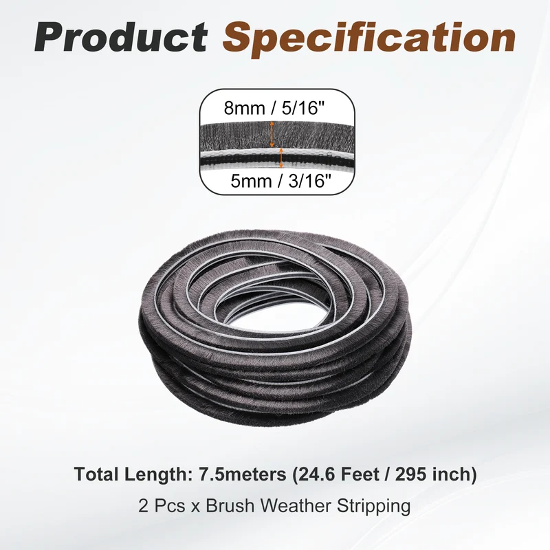 2Pcs Brush Weather Stripping 3/16" x 5/16" x 24.6ft Card-Slot Seal Strip Gray