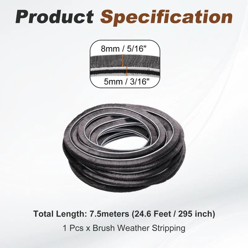 Brush Weather Stripping 3/16" x 5/16" x 24.6ft Card-Slot Seal Strip Gray
