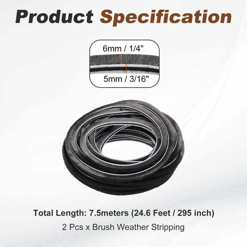 2Pcs Brush Weather Stripping 3/16" x 1/4" x 24.6ft Card-Slot Seal Strip Gray