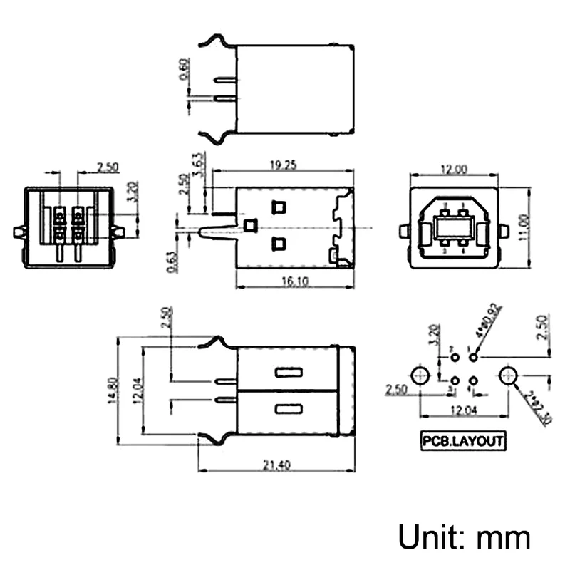 PCB USB Connector B Type Female Jack 180 Degree DIP Vertical Straight Insert 5Pcs