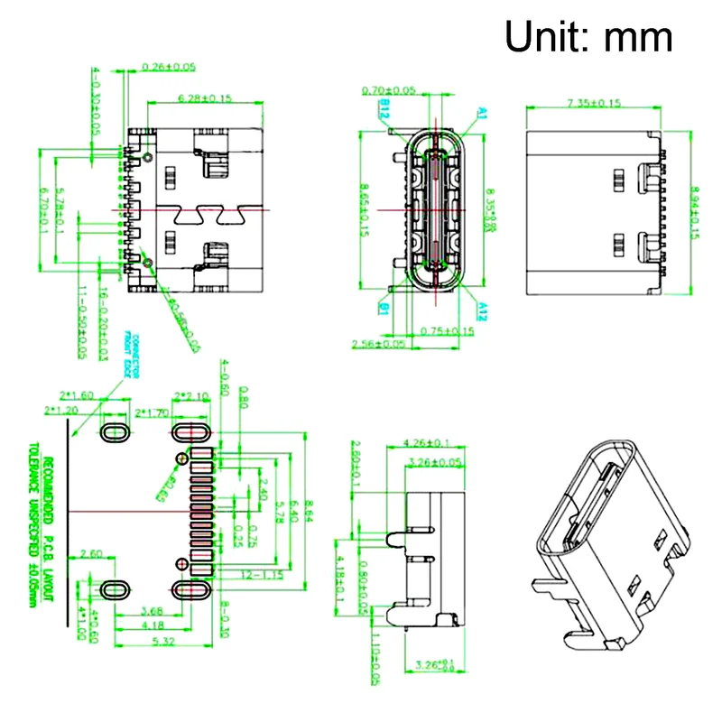 PCB USB Connector Type-C 3.1 16Pin Female Jack Fast Charging Socket 20Pcs