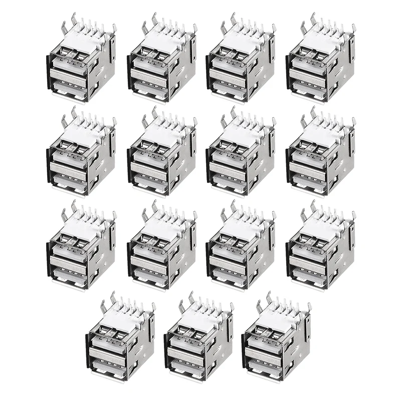 PCB USB Connector Type-A Dual Port Female Jack 8 Pin Horizontal 90 Degree 15Pcs