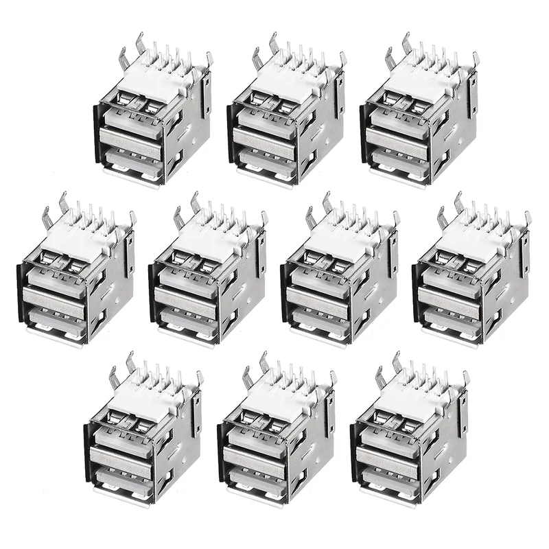 PCB USB Connector Type-A Dual Port Female Jack 8 Pin Horizontal 90 Degree 10Pcs