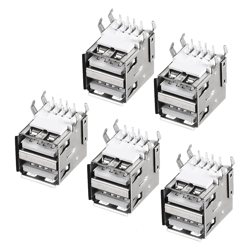 PCB USB Connector Type-A Dual Port Female Jack 8 Pin Horizontal 90 Degree 5Pcs