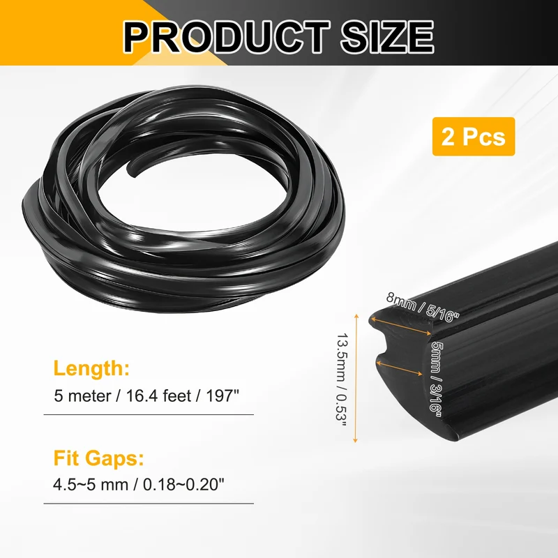 2Pcs Weather Stripping Door Seal Crescent-Shaped 3/16" Slot 16.4Ft Black