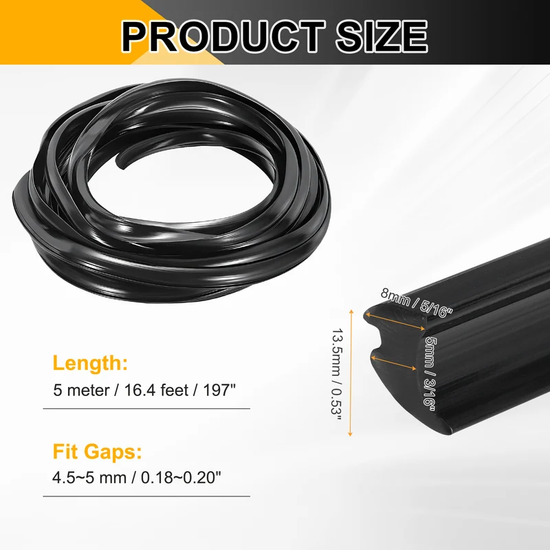 Weather Stripping Door Seal Crescent-Shaped 3/16" Slot 16.4Ft Black