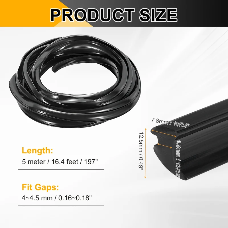 Weather Stripping Door Seal Crescent-Shaped 13/64" Slot 16.4Ft Black
