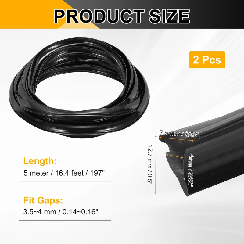 2Pcs Weather Stripping Door Seal Crescent-Shaped 5/32" Slot 16.4Ft Black