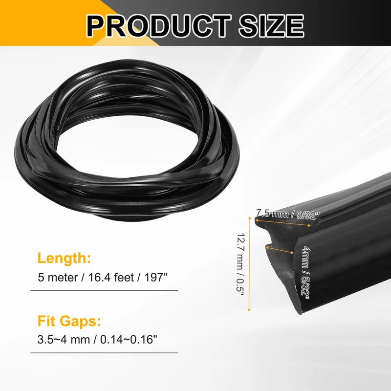 Weather Stripping Door Seal Crescent-Shaped 5/32" Slot 16.4Ft Black
