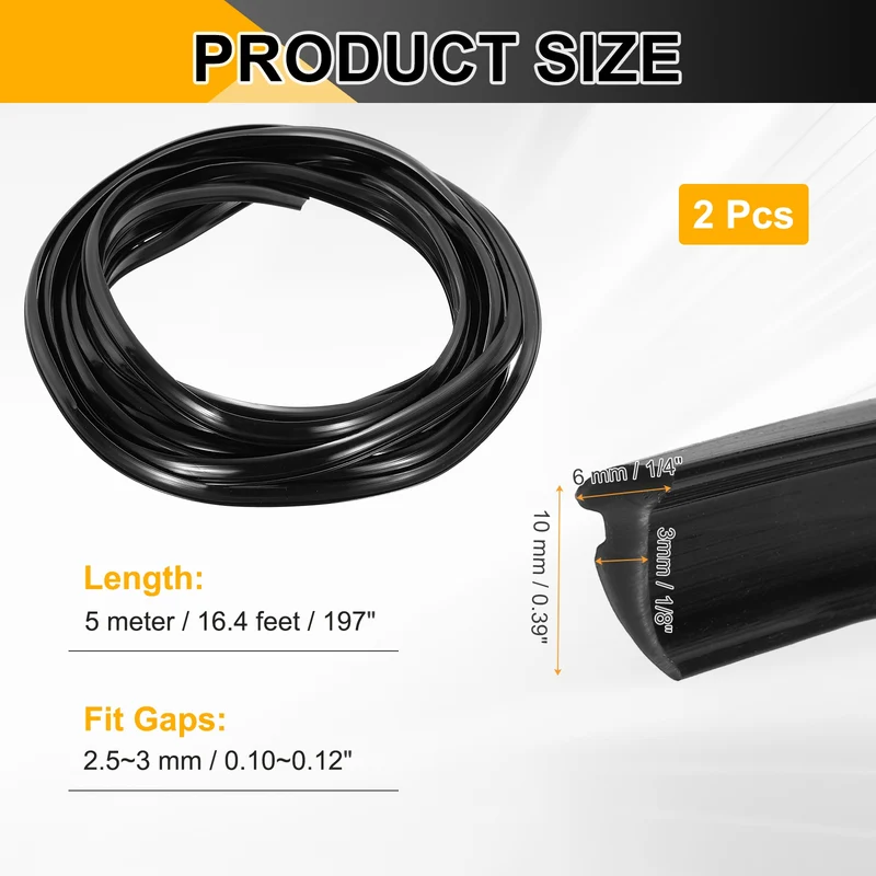 2Pcs Weather Stripping Door Seal Crescent-Shaped 1/8" Slot 16.4Ft Black