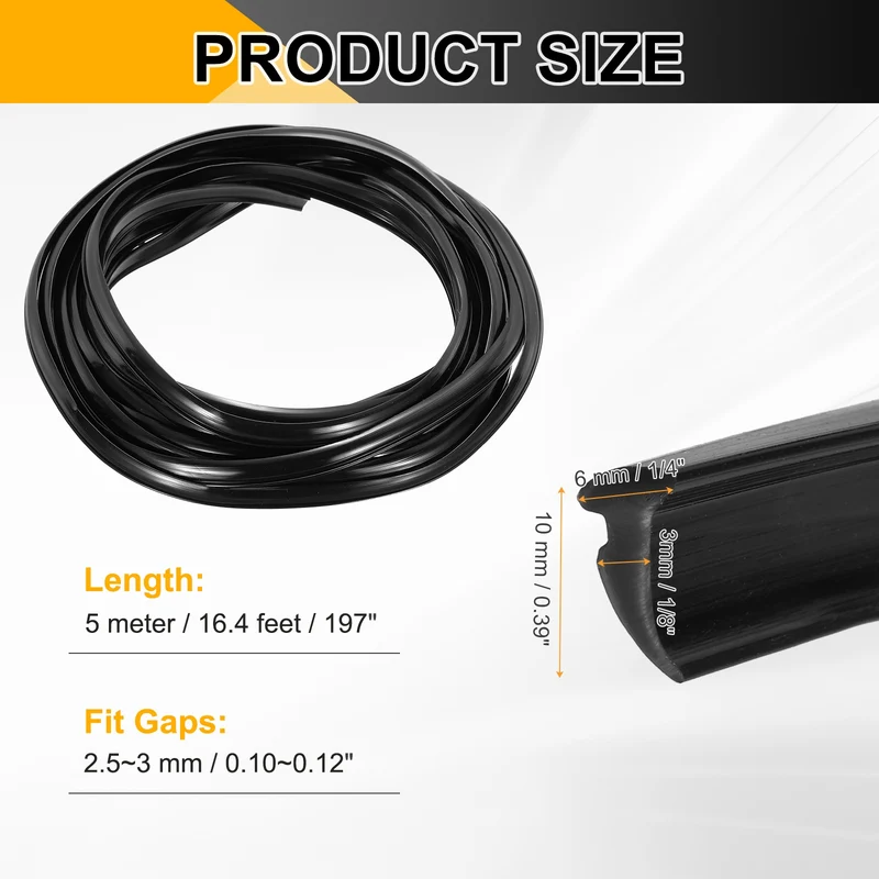 Weather Stripping Door Seal Crescent-Shaped 1/8" Slot 16.4Ft Black