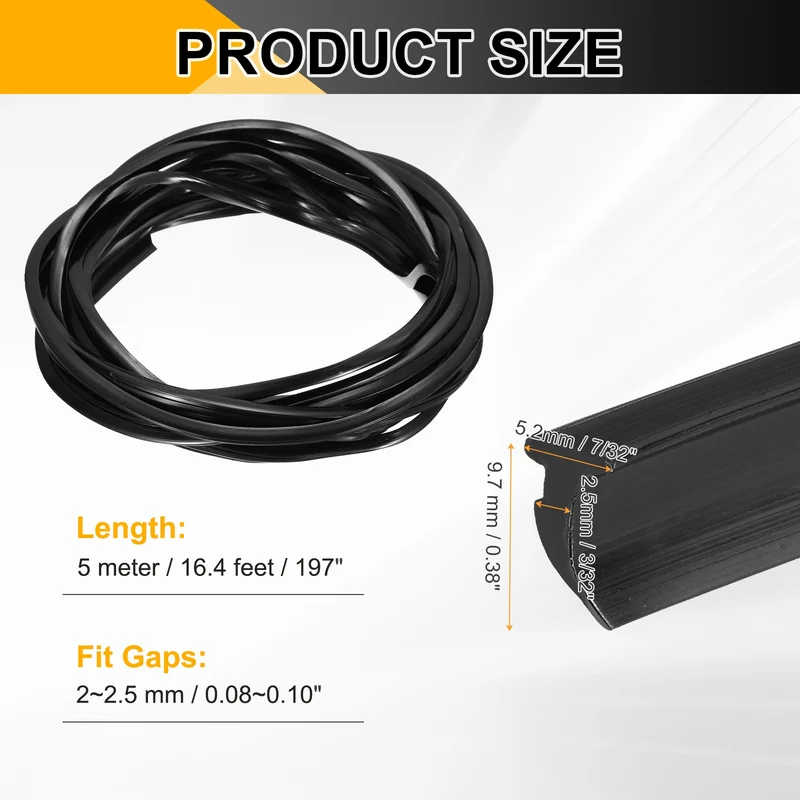 Weather Stripping Door Seal Crescent-Shaped 3/32" Slot 16.4Ft Black