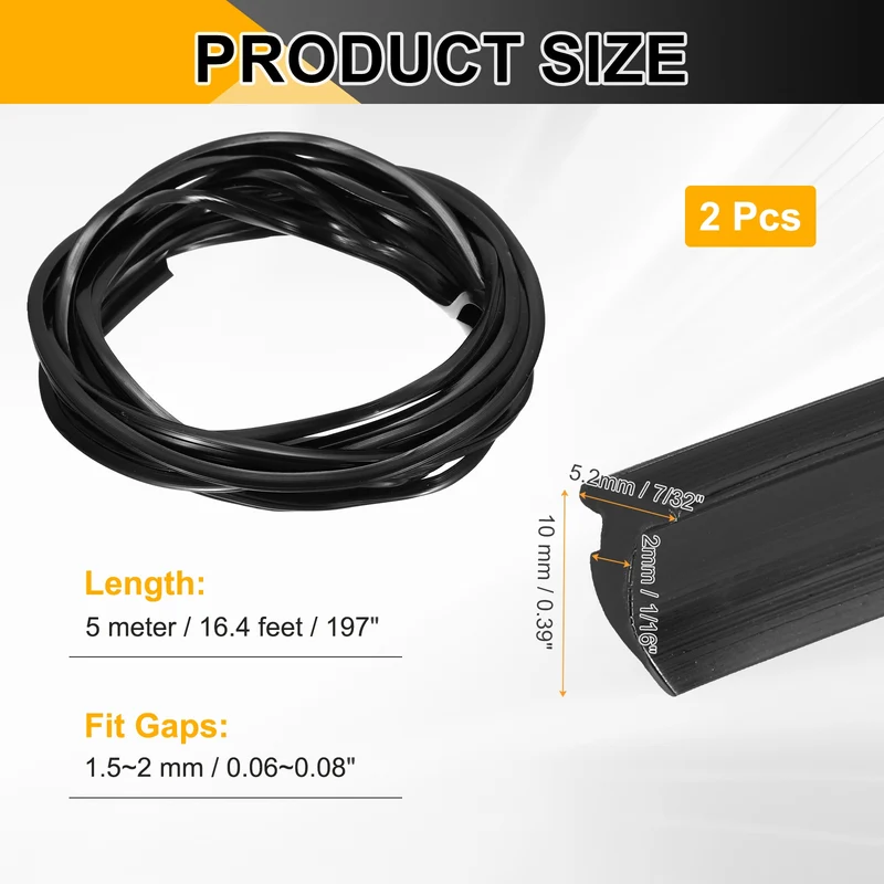 2Pcs Weather Stripping Door Seal Crescent-Shaped 1/16" Slot 16.4Ft Black