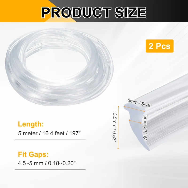 2Pcs Weather Stripping Door Seal Crescent-Shaped 3/16" Slot 16.4Ft Clear